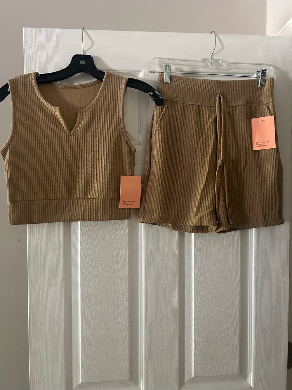 Ribbed Knit Crop Tank and Drawstring Shorts Set - Camel